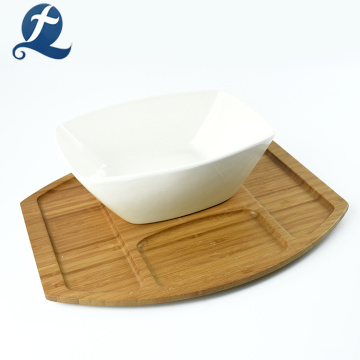 Bamboo Kitchenware White Ceramics Salad Bowl